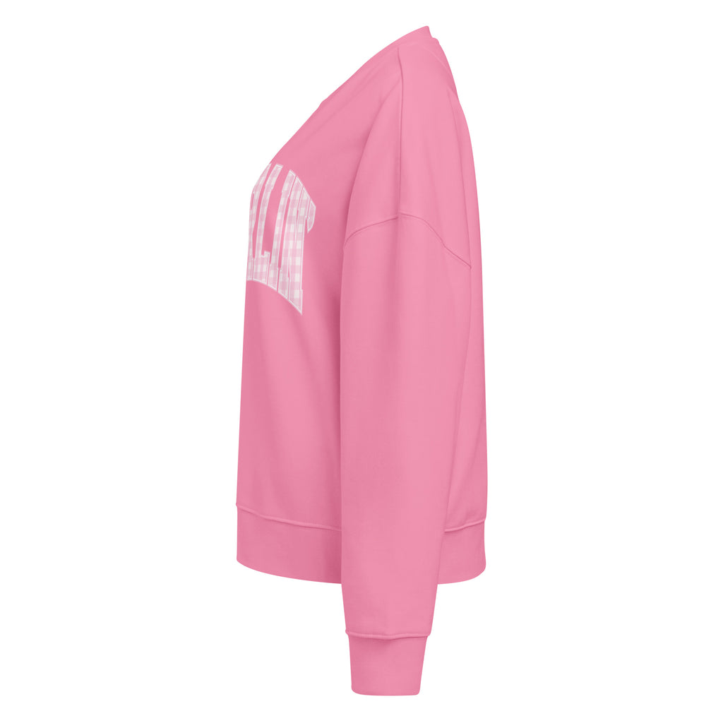 Pink Darlin' women's organic crew neck sweatshirt with southern script graphic on a flat lay