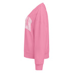 Pink Darlin' women's organic crew neck sweatshirt with southern script graphic on a flat lay