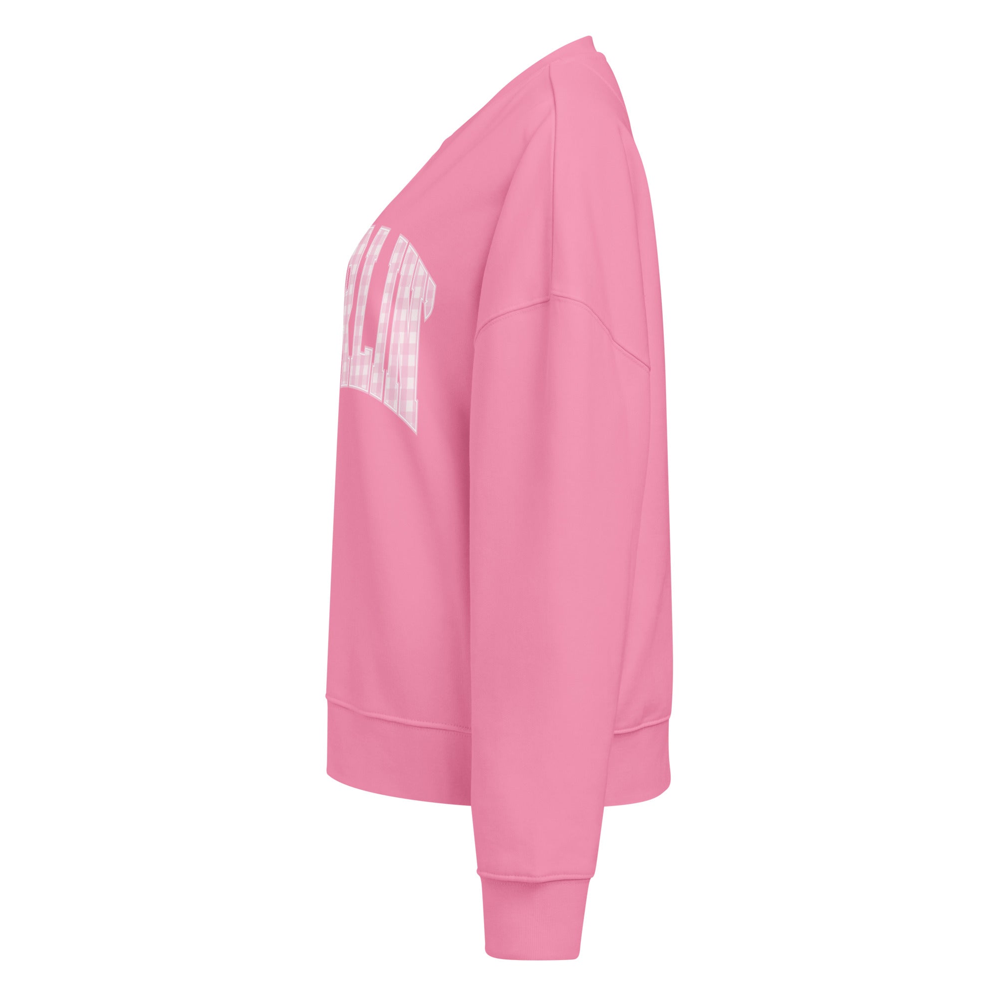 Pink Darlin' women's organic crew neck sweatshirt with southern script graphic on a flat lay