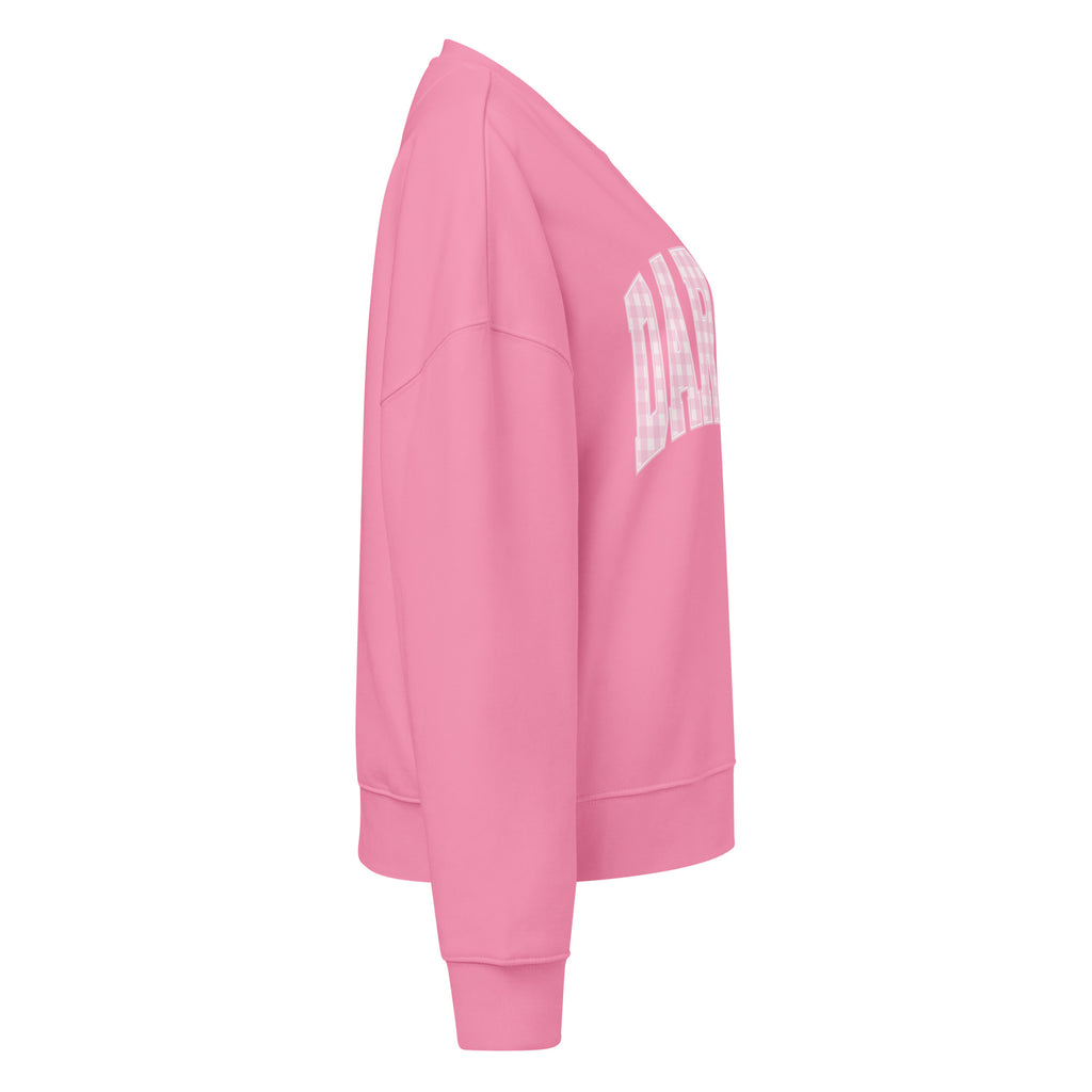 Pink Darlin' women's organic crew neck sweatshirt with southern script graphic on a flat lay