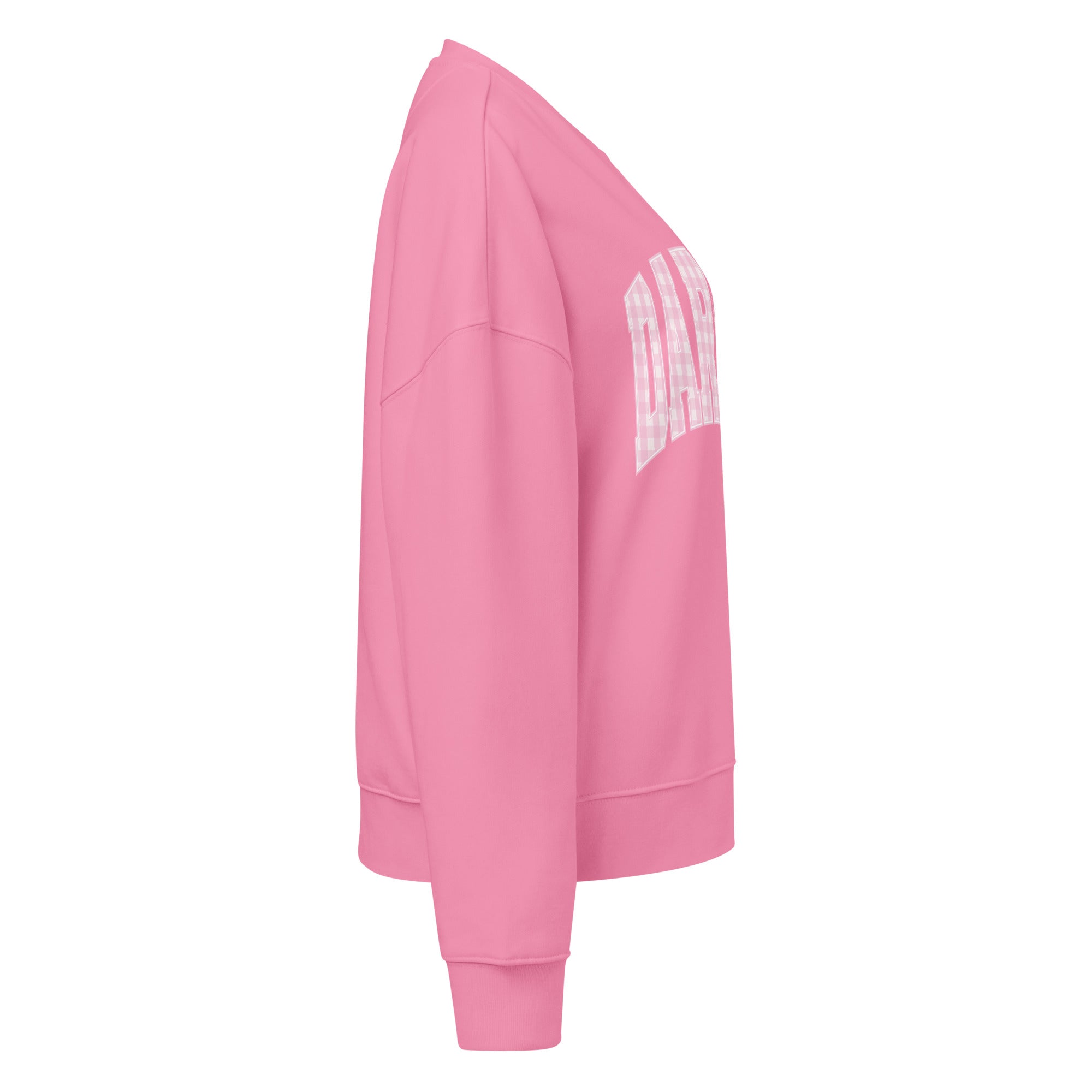 Pink Darlin' women's organic crew neck sweatshirt with southern script graphic on a flat lay