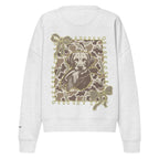 Camo hunting dog graphic women's organic crew neck sweatshirt displayed on a flat surface