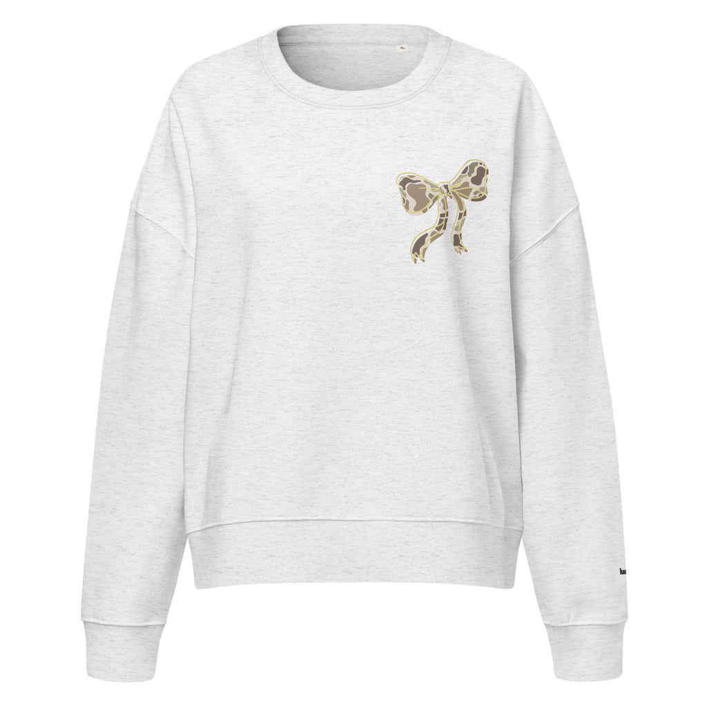 Camo hunting dog graphic women's organic crew neck sweatshirt displayed on a flat surface