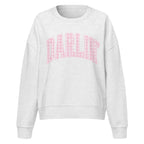 Pink Darlin' women's organic crew neck sweatshirt with southern script graphic on a flat lay