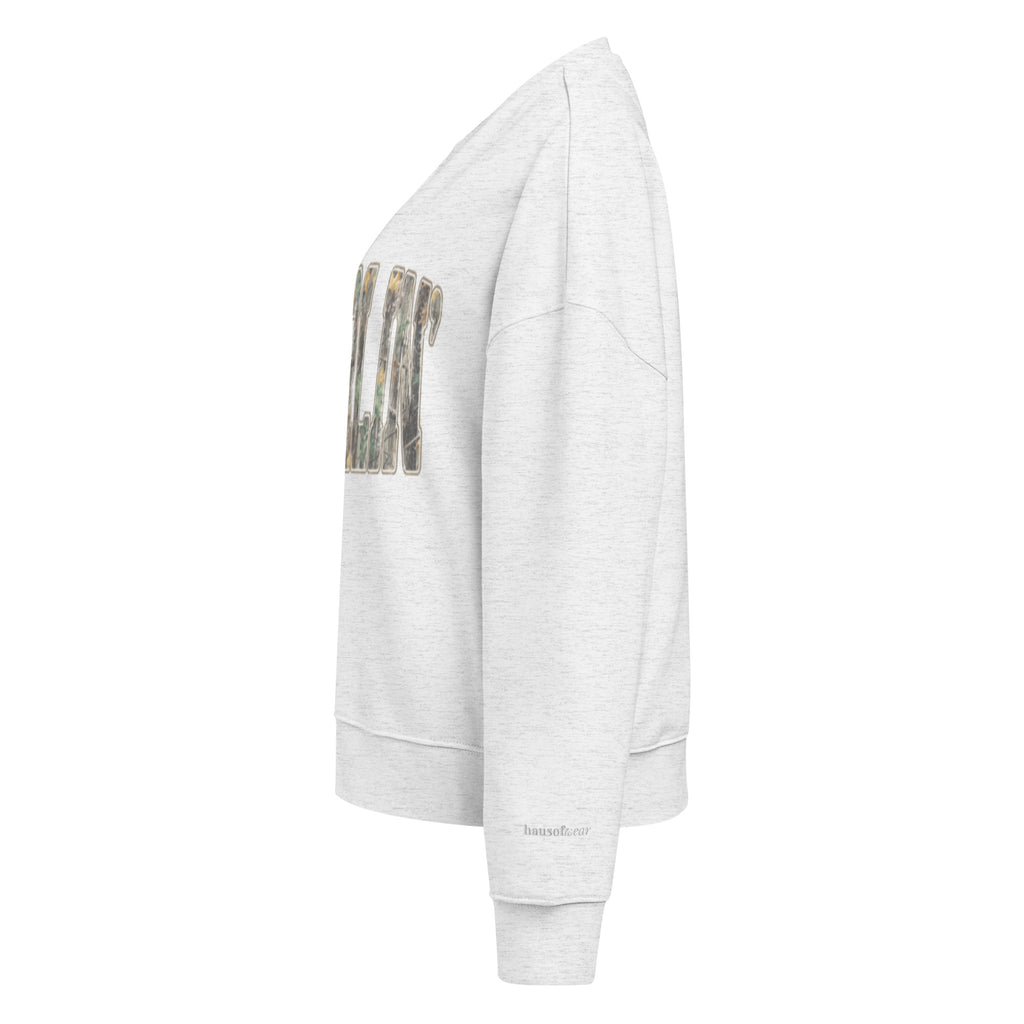 Darlin' script graphic women's organic crew neck sweatshirt in a cozy flat lay setup