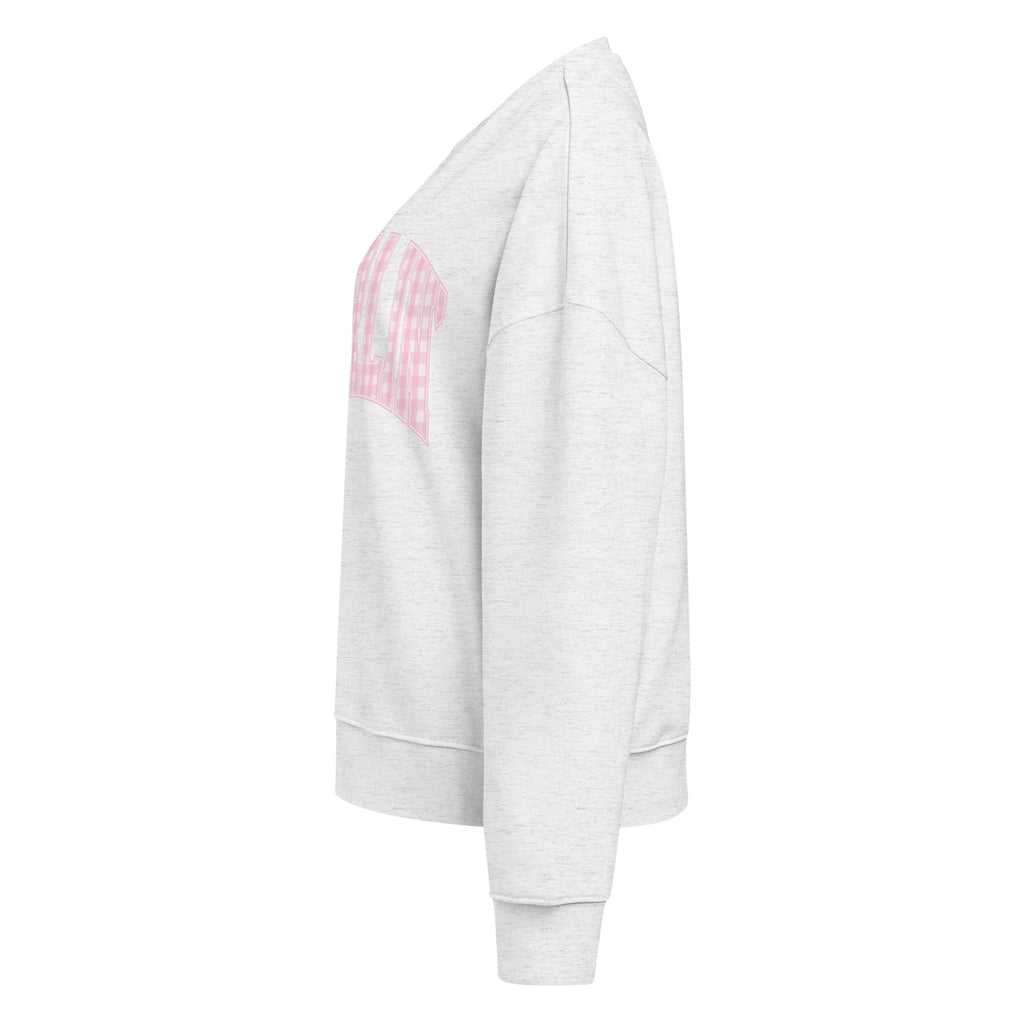 Pink Darlin' women's organic crew neck sweatshirt with southern script graphic on a flat lay