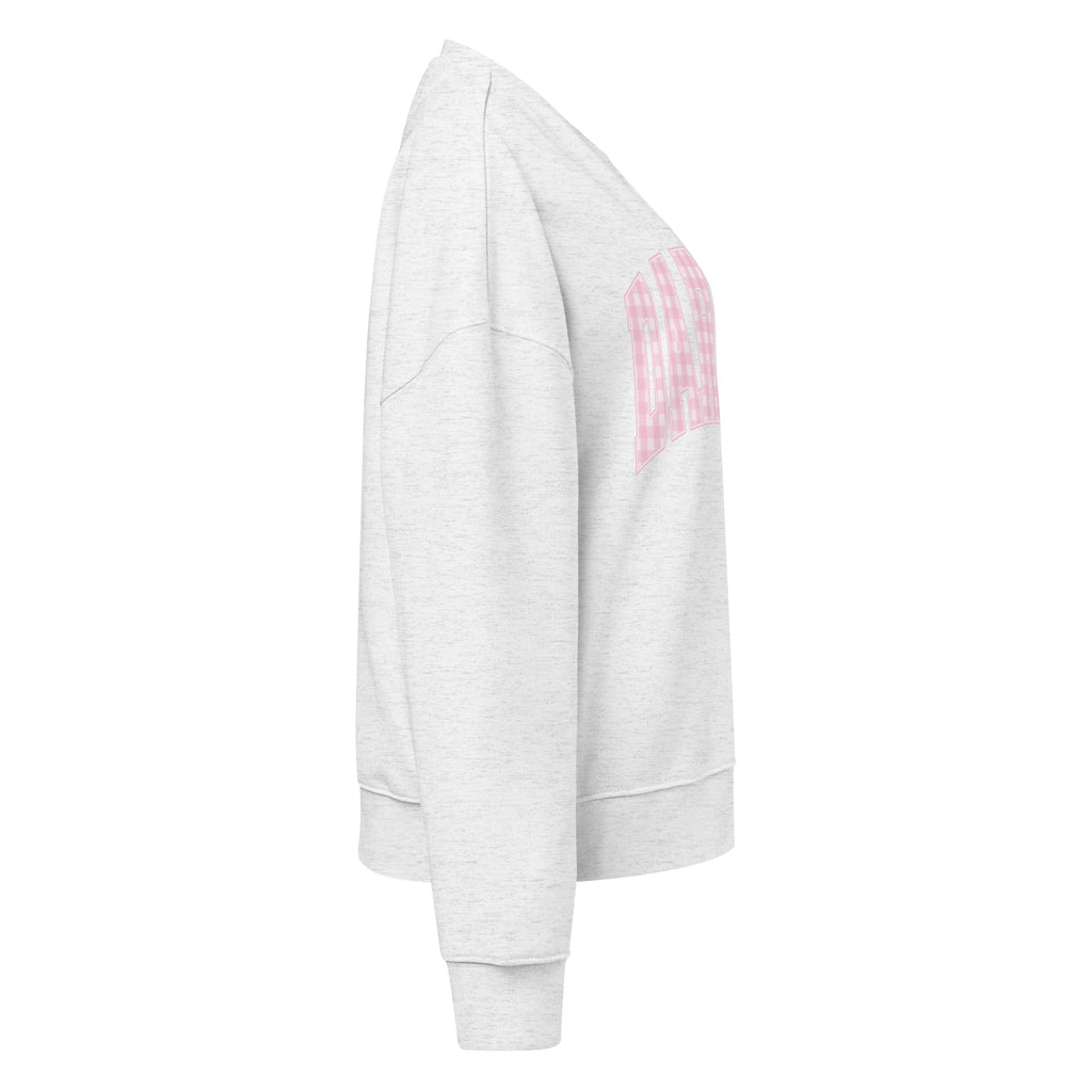 Pink Darlin' women's organic crew neck sweatshirt with southern script graphic on a flat lay