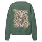 Camo hunting dog graphic women's organic crew neck sweatshirt displayed on a flat surface
