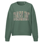 Darlin' script graphic women's organic crew neck sweatshirt in a cozy flat lay setup