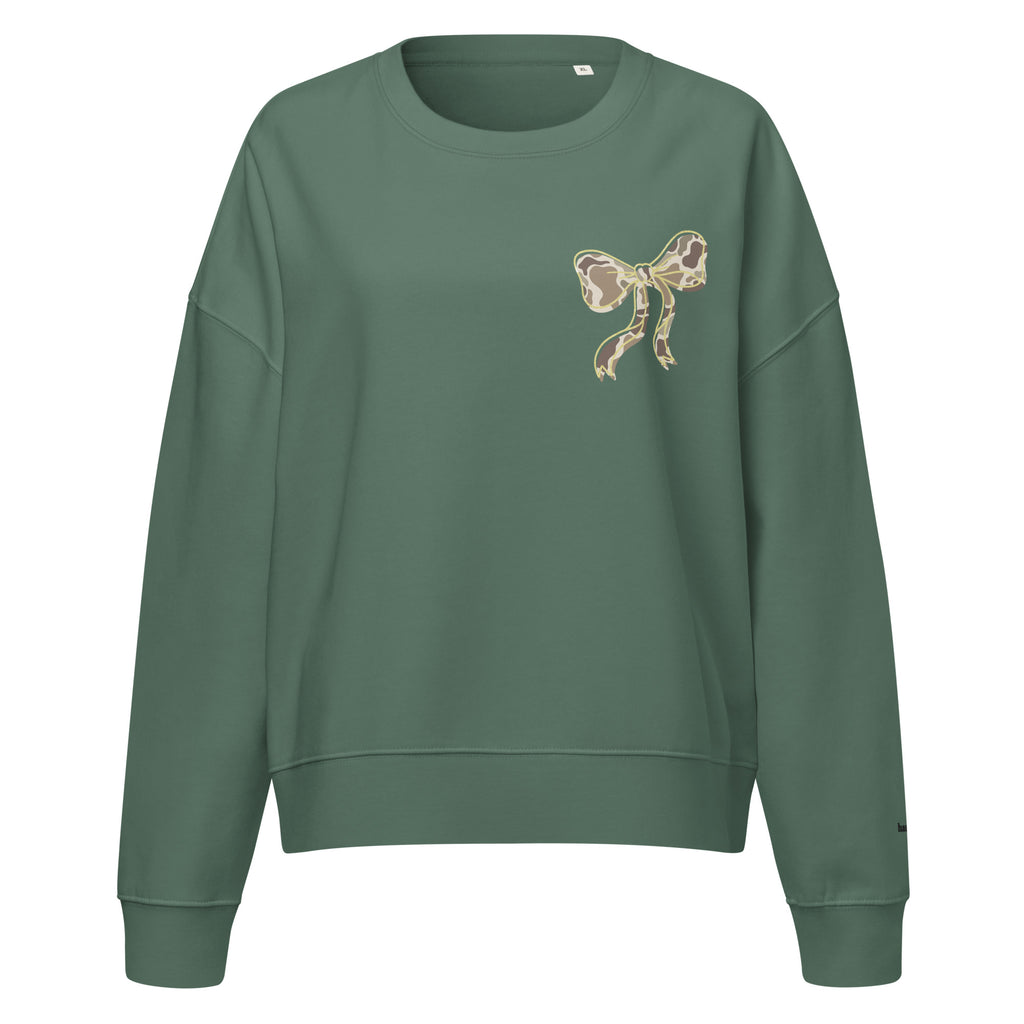 Camo hunting dog graphic women's organic crew neck sweatshirt displayed on a flat surface