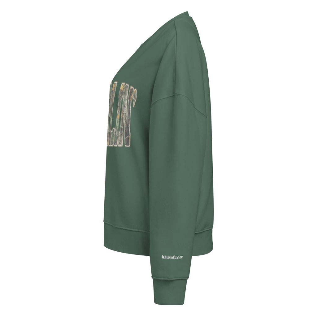 Darlin' script graphic women's organic crew neck sweatshirt in a cozy flat lay setup