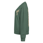 Camo hunting dog graphic women's organic crew neck sweatshirt displayed on a flat surface