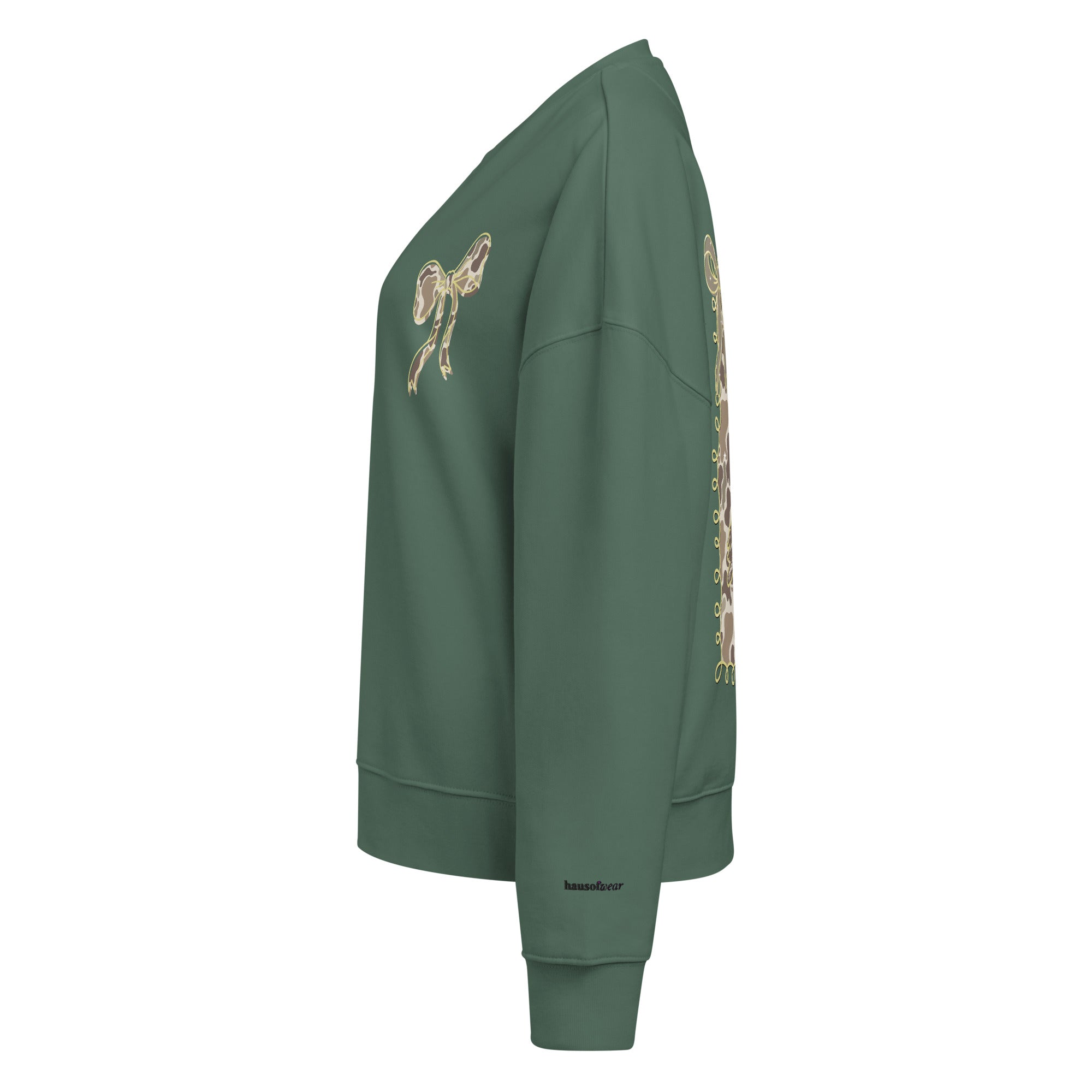 Camo hunting dog graphic women's organic crew neck sweatshirt displayed on a flat surface