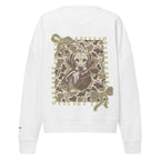 Camo hunting dog graphic women's organic crew neck sweatshirt displayed on a flat surface