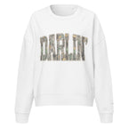 Darlin' script graphic women's organic crew neck sweatshirt in a cozy flat lay setup