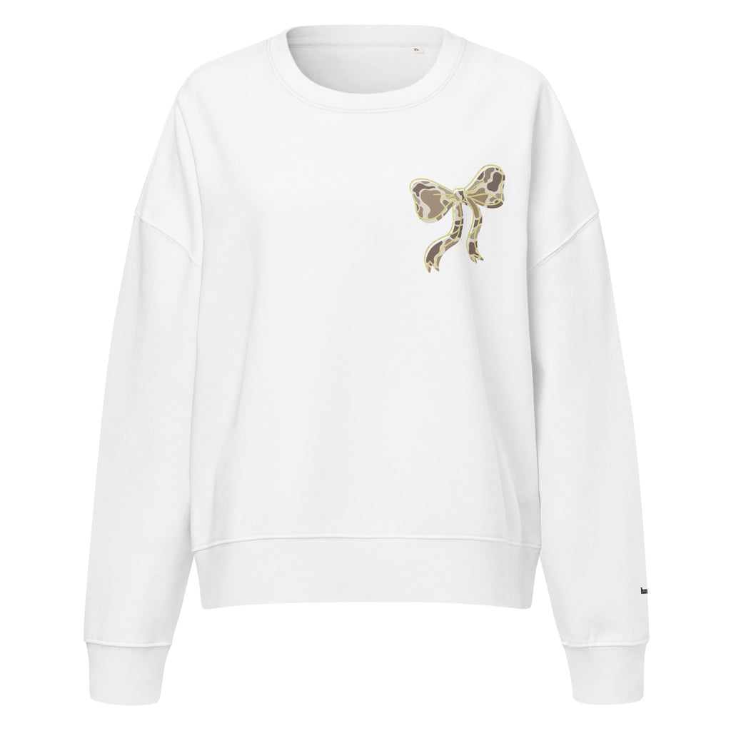 Camo hunting dog graphic women's organic crew neck sweatshirt displayed on a flat surface