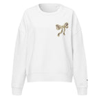 Camo hunting dog graphic women's organic crew neck sweatshirt displayed on a flat surface