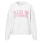 Pink Darlin' women's organic crew neck sweatshirt with southern script graphic on a flat lay