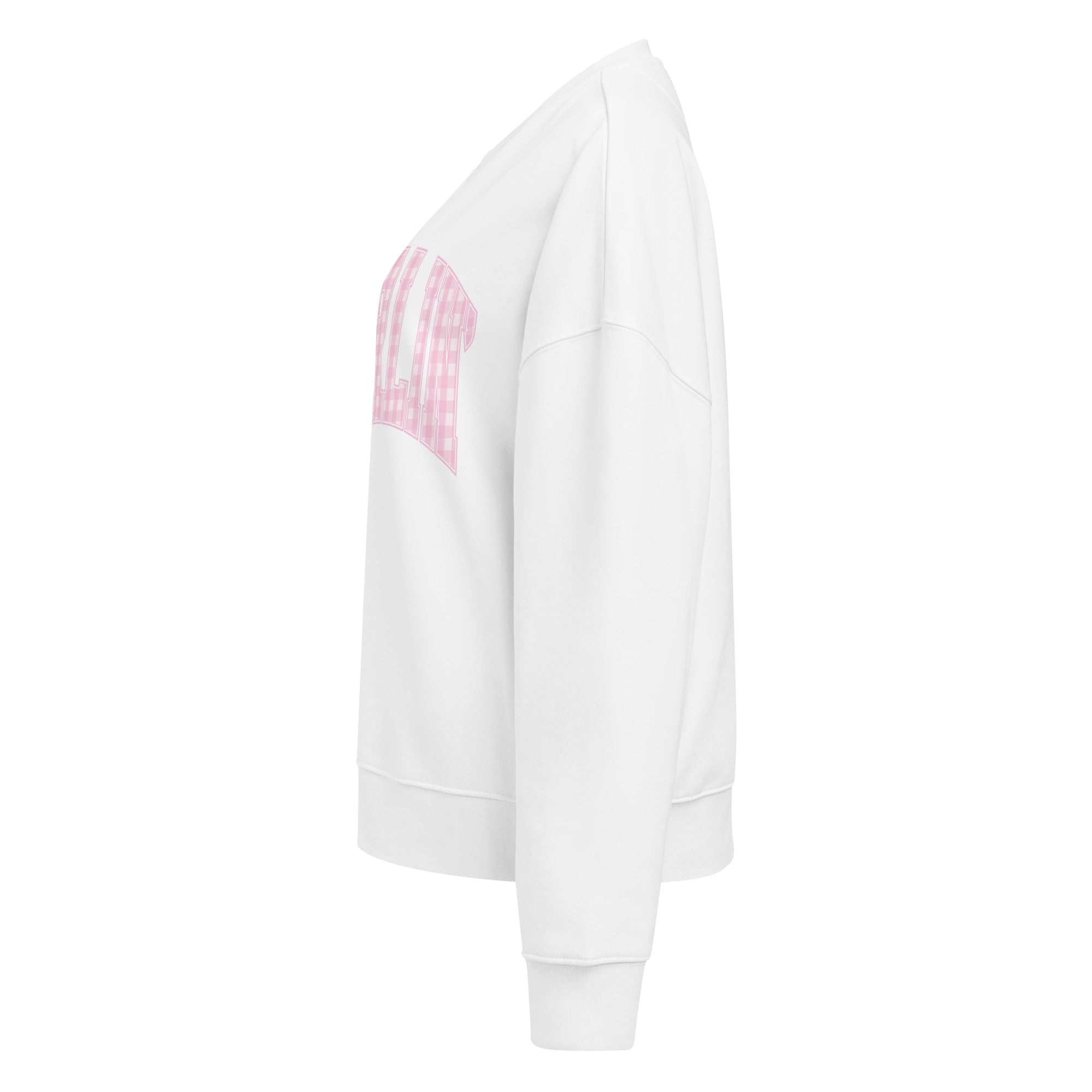 Pink Darlin' women's organic crew neck sweatshirt with southern script graphic on a flat lay