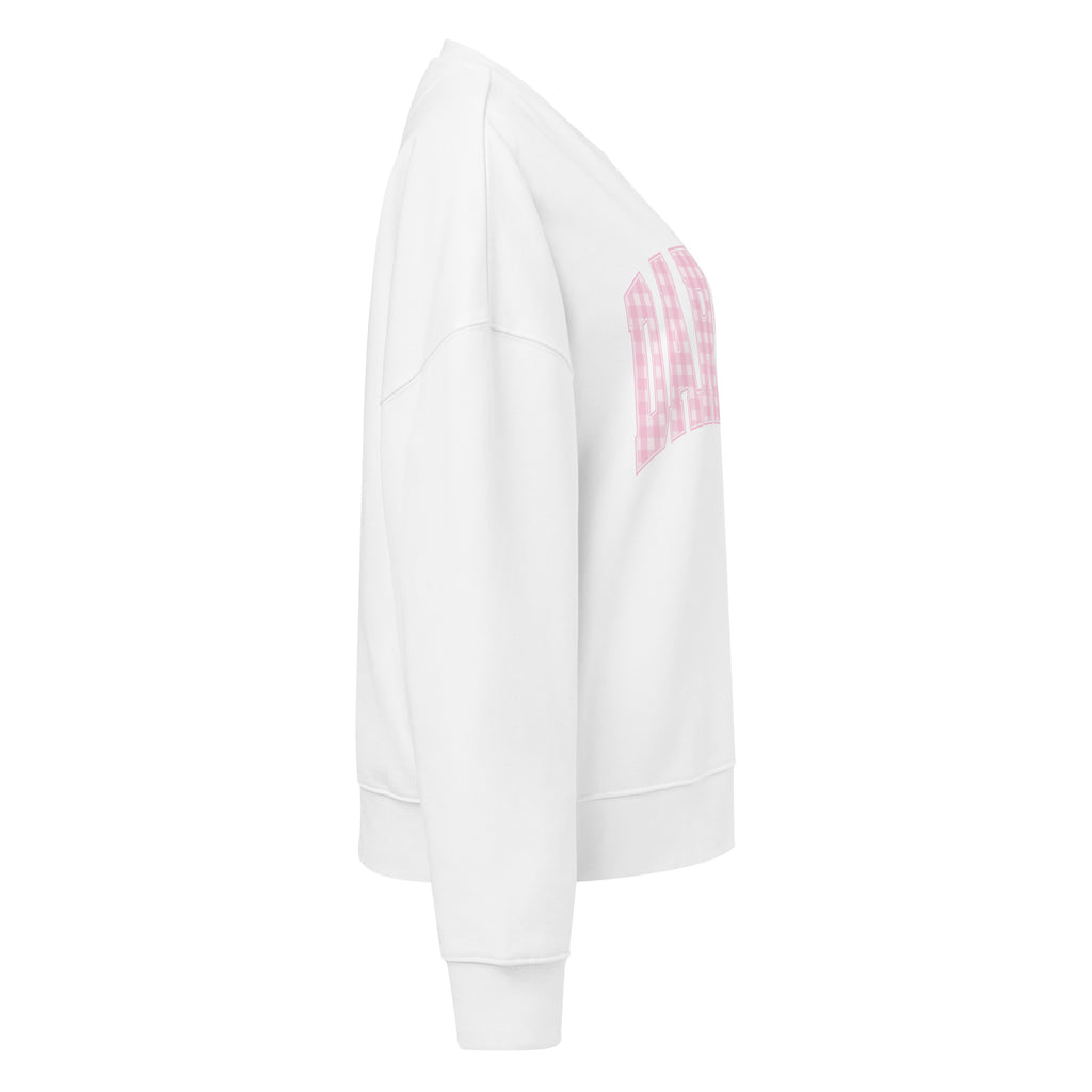 Pink Darlin' women's organic crew neck sweatshirt with southern script graphic on a flat lay